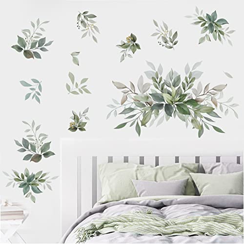 wondever Wandtattoo Blätter Aquarell Wandaufkleber Verlässt Pflanzen Grüne Wandsticker Wanddeko für Schlafzimmer Wohnzimmer Sofa Hintergrund von wondever