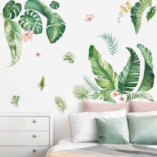 wondever Wandtattoo Blätter Tropisch Blumen Wandaufkleber Pflanzen Grüne Palmenblätter Wandsticker Wanddeko für Schlafzimmer Wohnzimmer TV Hintergrund von wondever