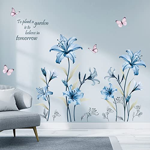 wondever Wandtattoo Blumen Blau Wandaufkleber Lilie Schmetterling Wandsticker Wanddeko für Wohnzimmer Schlafzimmer Fenster von wondever