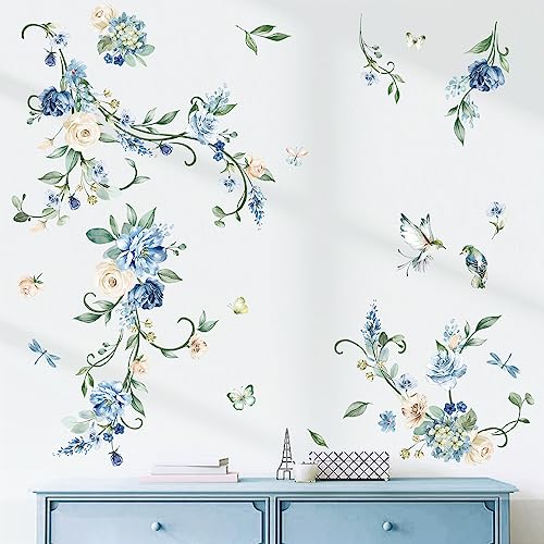 wondever Wandtattoo Blumen Rosen Blau Wandaufkleber Hängende Blumen Rebe Wandsticker Wanddeko für Wohnzimmer Schlafzimmer Sofa Hintergrund von wondever