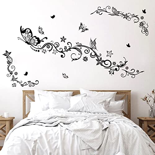 wondever Wandtattoo Blumen Schwarze Pflanzen Rebe Wandaufkleber Blumenranken Schmetterling Wandsticker Wanddeko für Kinderzimmer Mädchen Schlafzimmer von wondever