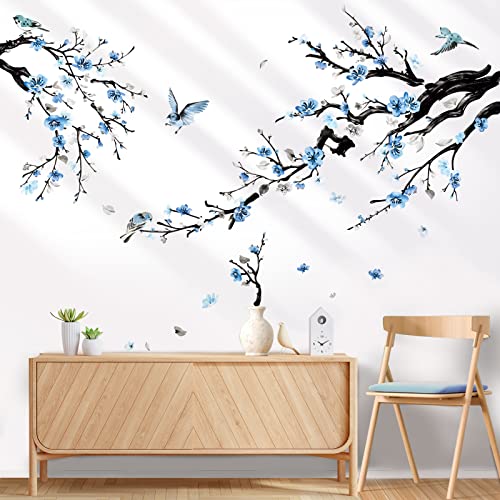 wondever Wandtattoo Blumen Vögel auf Baum Ast Wandaufkleber Blüten Blumen Blau Wandsticker Wanddeko für Wohnzimmer Schlafzimmer Sofa Hintergrund von wondever