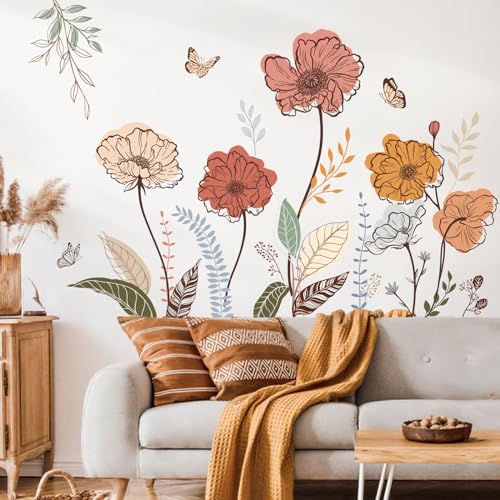 wondever Wandtattoo Boho Blumen Wandaufkleber Bunte Retro Blumen Gras Pflanzen Wandsticker Wanddeko für Wohnzimmer Schlafzimmer Sofa Hintergrund von wondever