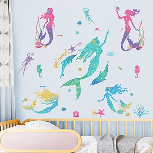 wondever Wandtattoo Meerjungfrau Bunt Mädchen Wandaufkleber Unterwasserwelt Prinzessin Wandsticker Wanddeko für Kinderzimmer Babyzimmer Badezimmer von wondever