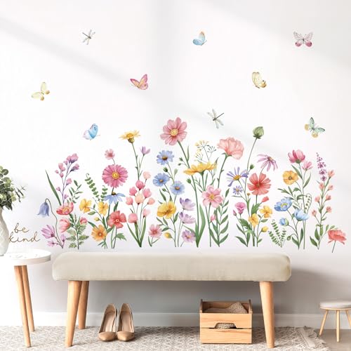 wondever Wandtattoo Garten Blumen Rosa Wandaufkleber Wildblumen Bunt Blume Schmetterling Wandsticker Wanddeko für Mädchenzimmer Schlafzimmer Frühling Sommer Wanddeko von wondever