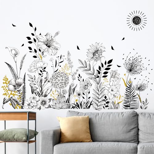 wondever Wandtattoo Garten Blumen Schwarz Weiß Wandaufkleber Sonnenblume Mohnblumen Schwarz Blumen Wandsticker Wanddeko für Wohnzimmer Schlafzimmer Sofa Hintergrund von wondever