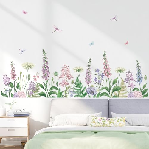 wondever Wandtattoo Garten Blumen Wandaufkleber Blume Lila Gras Blumenwiese Wandsticker Wanddeko für Wohnzimmer Schlafzimmer von wondever