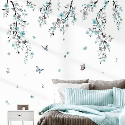 wondever Wandtattoo Hängende Rebe Blumen Blau Wandaufkleber Aquarell Blüten Baum Ast Schmetterling Wandsticker Wanddeko für Wohnzimmer Schlafzimmer Sofa Hintergrund von wondever