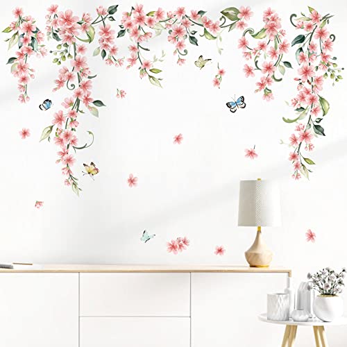 wondever Wandtattoo Hängende Rebe Rosa Blumen Wandaufkleber Schmetterling Wandsticker Wanddeko für Wohnzimmer Schlafzimmer Fenster Kinderzimmer von wondever