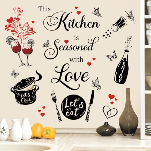 wondever Wandtattoo Küche Sprüche Schwarz Wandaufkleber This Kitchen is Seasoned with Love Zitate Wandsticker Wanddeko für Küche Esszimmer Restaurant von wondever