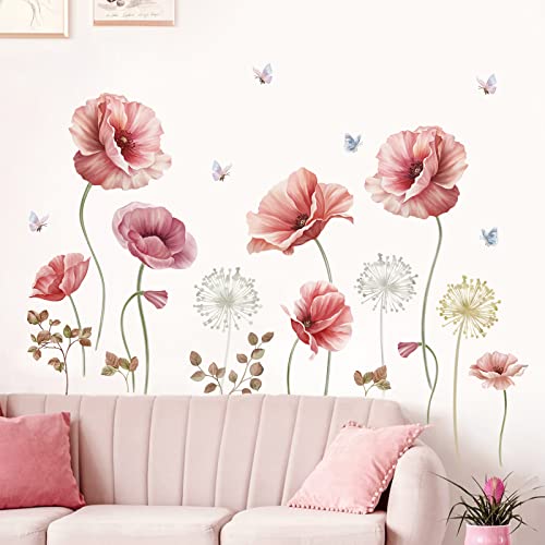 wondever Wandtattoo Mohnblumen Rot Wandaufkleber Garten Blumen Schmetterling Wandsticker Wanddeko für Wohnzimmer Schlafzimmer Sofa Hintergrund von wondever