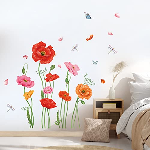 wondever Wandtattoo Mohnblumen Wandaufkleber Blume Blüten Schmetterling Wandsticker Wanddeko für Mädchen Schlafzimmer Wohnzimmer von wondever