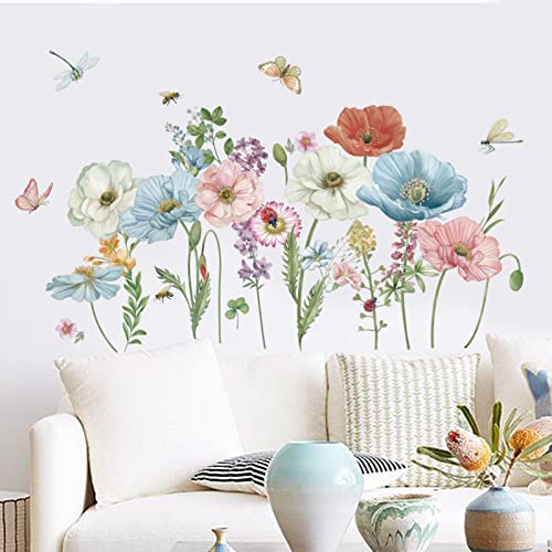 wondever Wandtattoo Mohnblumen Wandaufkleber Garten Blumen Schmetterling Wandsticker Wanddeko für Wohnzimmer Schlafzimmer Sofa Hintergrund von wondever