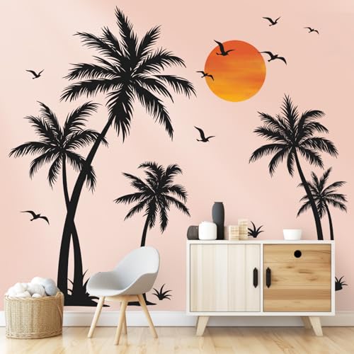 wondever Wandtattoo Palme Baum Groß Schwarze Wandaufkleber Tropische Baum Pflanzen Vögel Wandsticker Wanddeko für Schlafzimmer Wohnzimmer TV Hintergrund (H: 135cm) von wondever