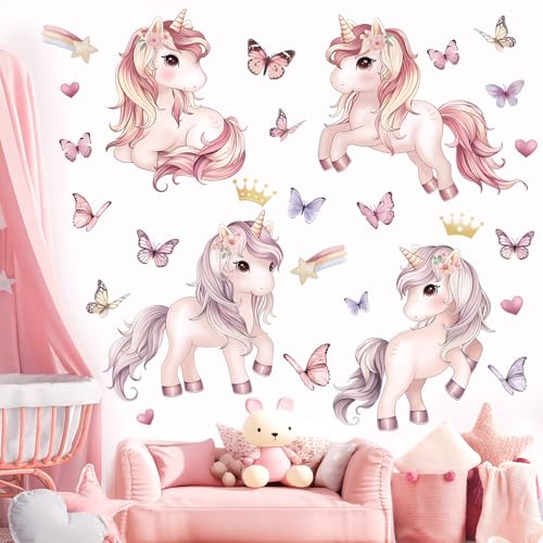 wondever Wandtattoo Pferde Mädchen Rosa Wandaufkleber Kinder Einhorn Schmetterling Wandsticker Wanddeko für Mädchen Babyzimmer Kinderzimmer von wondever