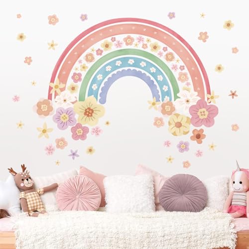 wondever Wandtattoo Regenbogen Groß Wandaufkleber Boho Bunte Blumen Wandsticker Wanddeko für Mädchen Kinderzimmer Schlafzimmer Wohnzimmer von wondever