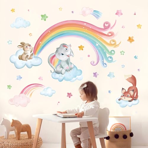 wondever Wandtattoo Regenbogen Tiere Wandaufkleber Elefant Hase Fuchs Wolken Wandsticker Wanddeko für Mädchen Kinderzimmer Babyzimmer Schlafzimmer von wondever