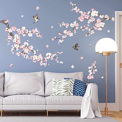 wondever Wandtattoo Rosa Kirschblüte Blumen Wandaufkleber Vögel auf Baum Ast Wandsticker Wanddeko für Wohnzimmer Schlafzimmer Sofa Hintergrund von wondever