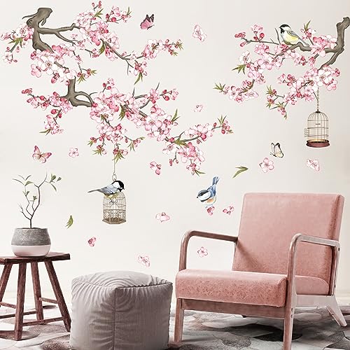 wondever Wandtattoo Rosa Kirschblüten Blumen Wandaufkleber Vögel auf Ast Vogelkäfig Wandsticker Wanddeko für Schlafzimmer Wohnzimmer TV Hintergrund von wondever