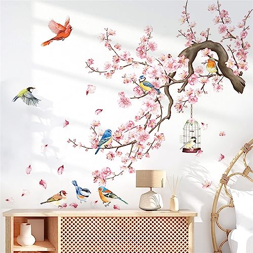 wondever Wandtattoo Rosa Kirschblüten Wandaufkleber Blumen Rosa Vögel auf Ast Wandsticker Wanddeko für Schlafzimmer Wohnzimmer TV Hintergrund von wondever