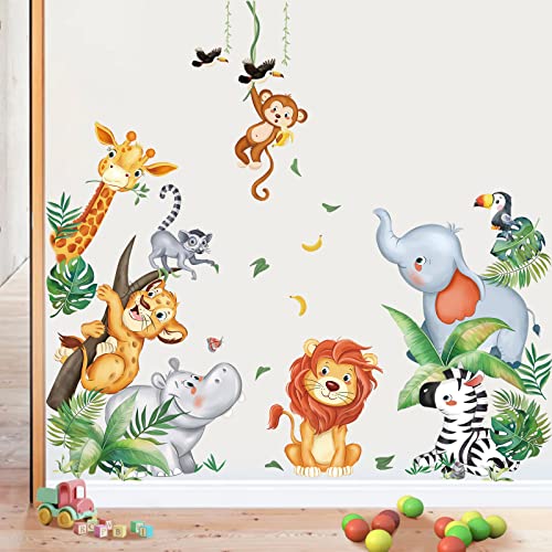 wondever Wandtattoo Safari Dschungel Tiere Wandaufkleber Löwe Giraffe Elefant Tropische Wandsticker Wanddeko für Kinderzimmer Babyzimmer Türen von wondever