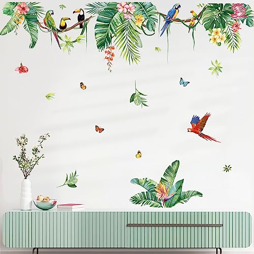 wondever Wandtattoo Tropische Blätter Grüne Wandaufkleber Blumen Pflanzen Vögel Wandsticker Wanddeko für Schlafzimmer Wohnzimmer TV Wand (W:140cm) von wondever