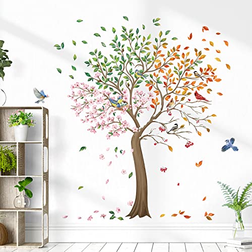 wondever Wandtattoo Vögel auf Baum Groß Wandaufkleber Frühling Sommer Herbst Winter Baum Blumen Wandsticker Wanddeko für Schlafzimmer Wohnzimmer TV Hintergrund (H: 160cm) von wondever