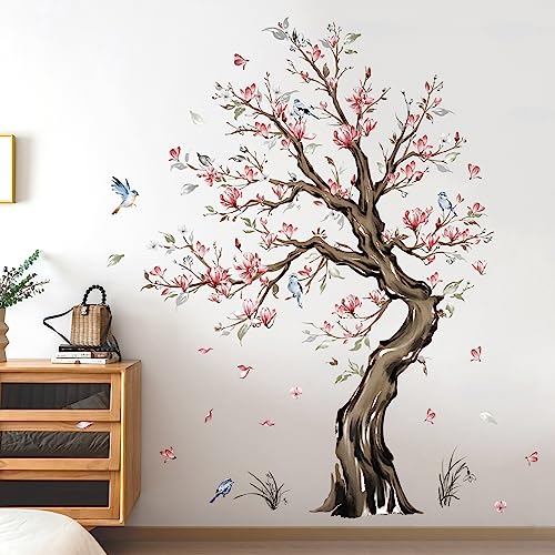 wondever Wandtattoo Vögel auf Baum Groß Wandaufkleber Rote Blumen Blüten Magnolie Wandsticker Wanddeko für Schlafzimmer Wohnzimmer Sofa TV Hintergrund (H:159cm) von wondever