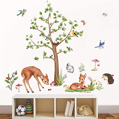 wondever Wandtattoo Waldtiere Baum Wandaufkleber Hirsch Hase Vogel Wandsticker Wanddeko für Kinderzimmer Babyzimmer von wondever