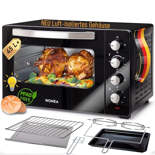 Minibackofen 45 Liter mit Glasfront und 2.000 Watt | Mini Backofen mit Umluft, Drehspieß und Krümelblech | Ober-/Unterhitze | Konvektion | 60 min Timer | Neues luft-isolierten Gehäuse, Mini-Ofen Minibackofen 45 Liter mit Glasfront und 2.000 Watt | Mini Backofen mit Umluft, Drehspieß und Krümelblech | Ober-/Unterhitze | Konvektion | 60 min Timer | Neues luft-isolierten Gehäuse, Mini-Ofen von WONEA