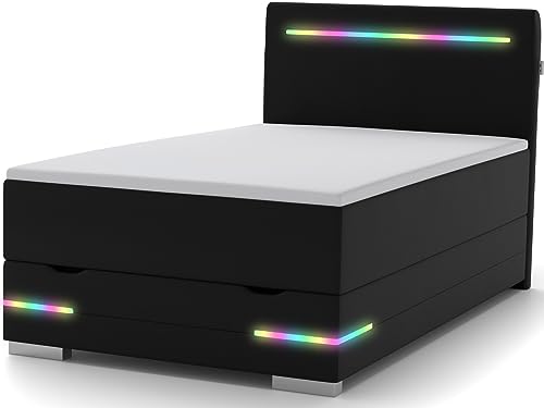 wonello Texas Boxspringbett 120x200 mit Bettkasten in Kunstleder Schwarz I LED Beleuchtung und USB Anschlüssen I Design Bett für Jugendliche und Erwachsene I Stauraumbett mit Matratze und Topper von wonello