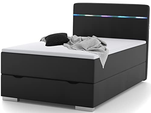 wonello Boxspringbett 120x200 mit Bettkasten, LED Beleuchtung und 2X USB Anschluss - gemütliches Bett mit einzigartiger Optik - Stauraumbett 120 x 200 cm beleuchtet schwarz mit Matratze und Topper von wonello