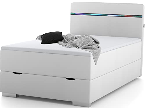 wonello Boxspringbett 120x200 mit Bettkasten, LED Beleuchtung und 2X USB Anschluss - gemütliches Bett mit einzigartiger Optik - Stauraumbett 120 x 200 cm beleuchtet weiß mit Matratze und Topper von wonello