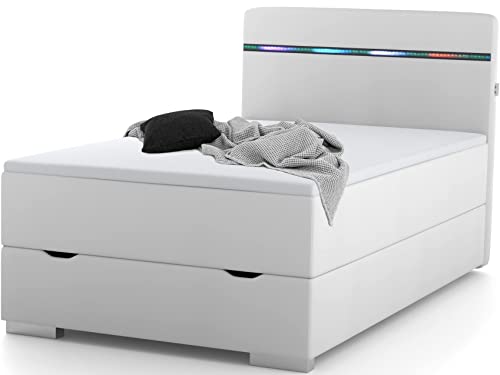 wonello Boxspringbett 140x200 mit Bettkasten, LED Beleuchtung und 2X USB Anschluss - gemütliches Bett mit einzigartiger Optik - Stauraumbett 140 x 200 cm beleuchtet weiß mit Matratze und Topper von wonello