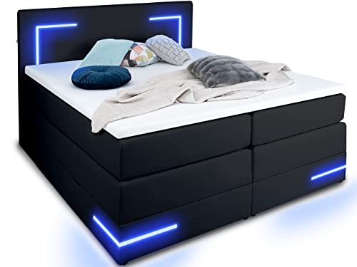 Wonello Boxspringbett 180x200 mit Bettkasten und LED Beleuchtung - gemütliches Bett mit led Beleuchtung - Stauraumbett 180 x 200 cm schwarz mit Matratze und Topper von wonello