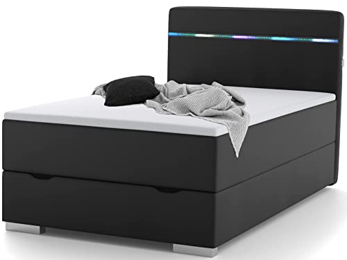 wonello Boxspringbett 90x200 mit Bettkasten, LED Beleuchtung und 2X USB Anschluss - gemütliches Bett mit einzigartiger Optik - Stauraumbett 90 x 200 cm beleuchtet schwarz mit Matratze und Topper von wonello