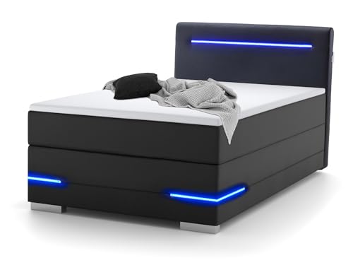 wonello Lennox Boxspringbett 120x200 mit LED Beleuchtung und USB Anschlüssen I in Kunstleder Schwarz I Design Bett für Jugendliche und Erwachsene I Bett mit Matratze und Topper von wonello