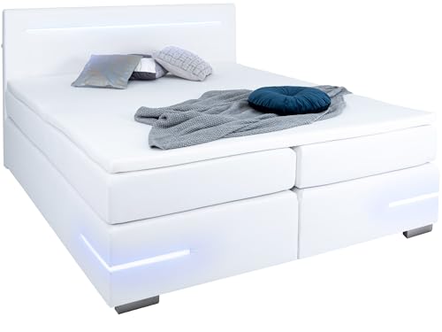 wonello Lennox Boxspringbett 180x200 mit LED Beleuchtung und USB Anschlüssen I in Kunstleder Weiß I Design Bett für Jugendliche und Erwachsene I Bett mit Matratze und Topper von wonello