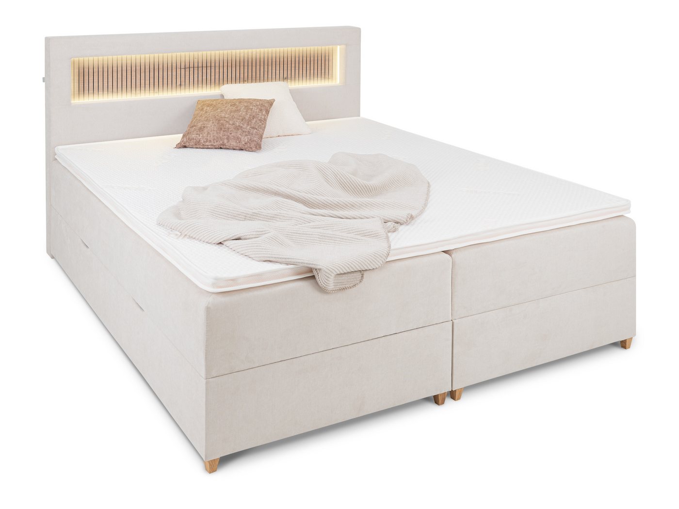 wonello Boxbett Espoo 3, mit LED-Beleuchtung, Bettkasten, USB-Anschluss, Holzpaneel und Topper von wonello