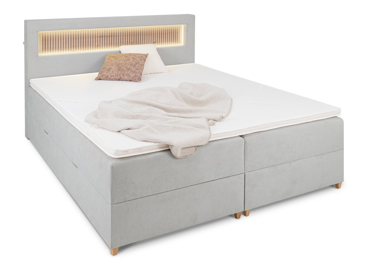 wonello Boxbett Espoo 3, mit LED-Beleuchtung, Bettkasten, USB-Anschluss, Holzpaneel und Topper von wonello