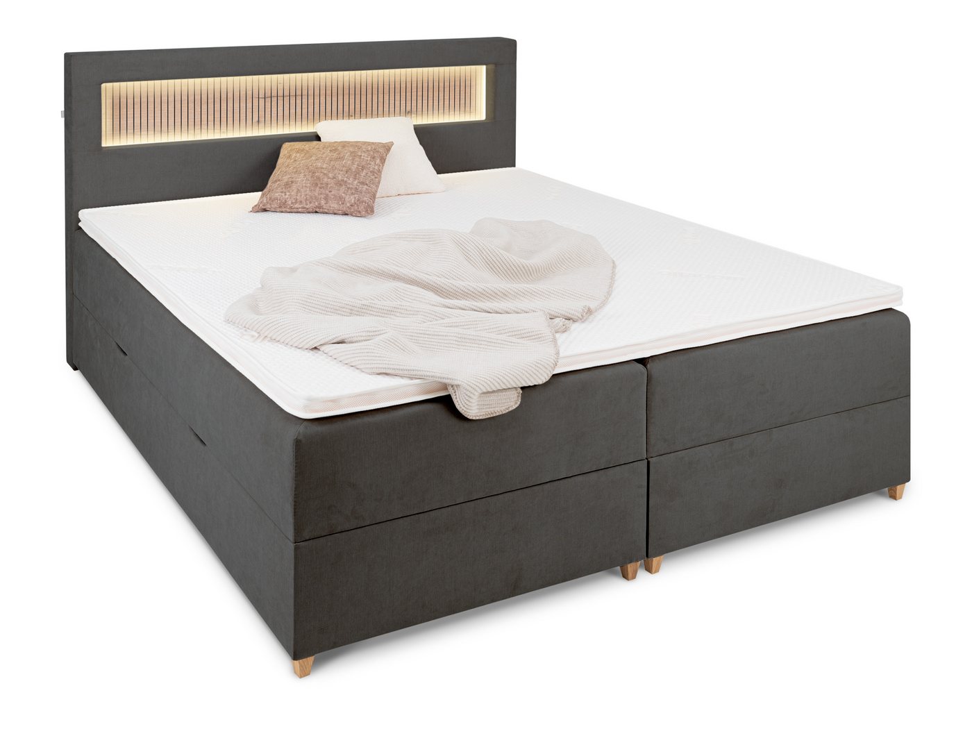 wonello Boxbett Espoo 3, mit LED-Beleuchtung, Bettkasten, USB-Anschluss, Holzpaneel und Topper von wonello