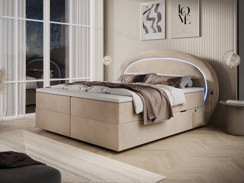 wonello Boxbett Orion, Samt Bett mit LED Beleuchtung, Bettkasten und Topper von wonello