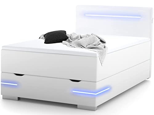 wonello Boxspringbett 120x200 mit Bettkasten, LED Beleuchtung und 2X USB Anschluss - gemütliches Bett mit einzigartiger Optik - Stauraumbett 120 x 200 cm beleuchtet weiß mit Matratze und Topper von wonello