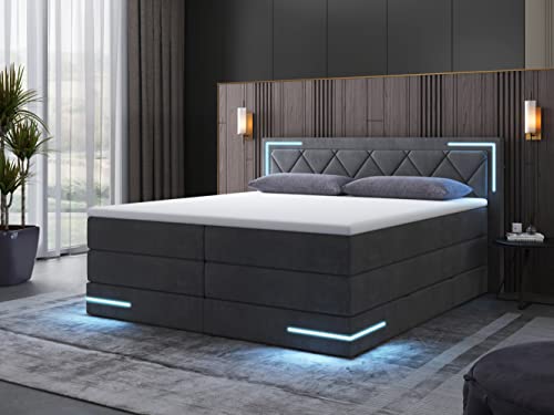 wonello Boxspringbett 160x200 mit Bettkasten und LED-Beleuchtung - gemütliches Bett mit LED Beleuchtung - Stauraumbett 160 x 200 cm mit Matratze und Topper - anthrazit Samt-Stoff von wonello