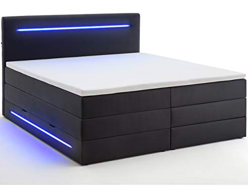 wonello Boxspringbett 160x200 mit Bettkasten und LED Beleuchtung - gemütliches Bett mit led Beleuchtung - Stauraumbett 160 x 200 cm schwarz mit Matratze und Topper von wonello