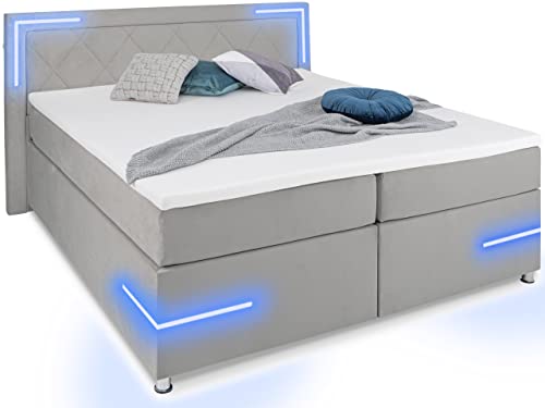 wonello Boxspringbett 180x200 LED Beleuchtung - gemütliches Bett mit LED Beleuchtung - Arizona Doppelbett 180x200 cm mit Matratze und Topper - hellgrau Samt-Stoff von wonello