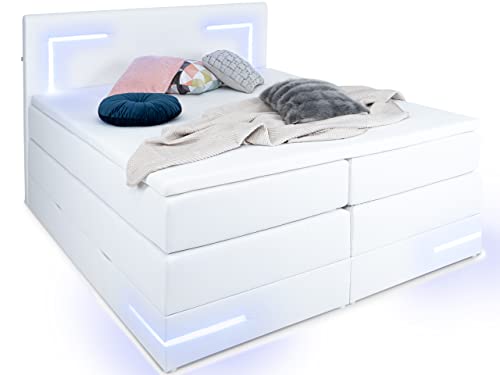 wonello Boxspringbett 180x200 mit Bettkasten und LED Beleuchtung - gemütliches Bett mit LED Beleuchtung - Stauraumbett 180 x 200 cm Weiss mit Matratze und Topper von wonello