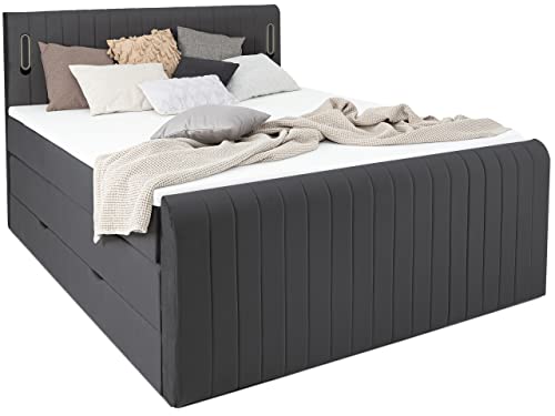 wonello Boxspringbett 180x200 mit Bettkasten und LED Beleuchtung - gemütliches Bett mit LED Beleuchtung - Stauraumbett 180 x 200 cm grau anthrazit mit Matratze und Topper Samt-Stoff von wonello