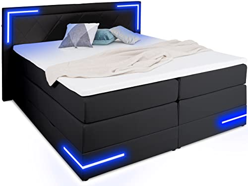 wonello Boxspringbett 180x200 mit Bettkasten und LED-Beleuchtung - gemütliches Bett mit LED Beleuchtung - Stauraumbett 180 x 200 cm mit Matratze und Topper - schwarz Kunstleder von wonello