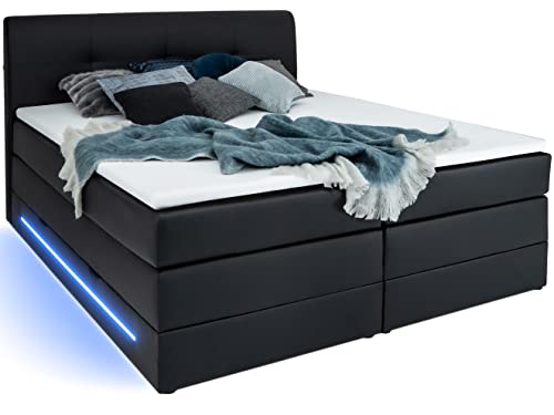 wonello Boxspringbett 180x200 mit Bettkasten und LED Beleuchtung - gemütliches Bett mit LED Beleuchtung - Stauraumbett 180 x 200 cm schwarz mit Matratze und Topper von wonello